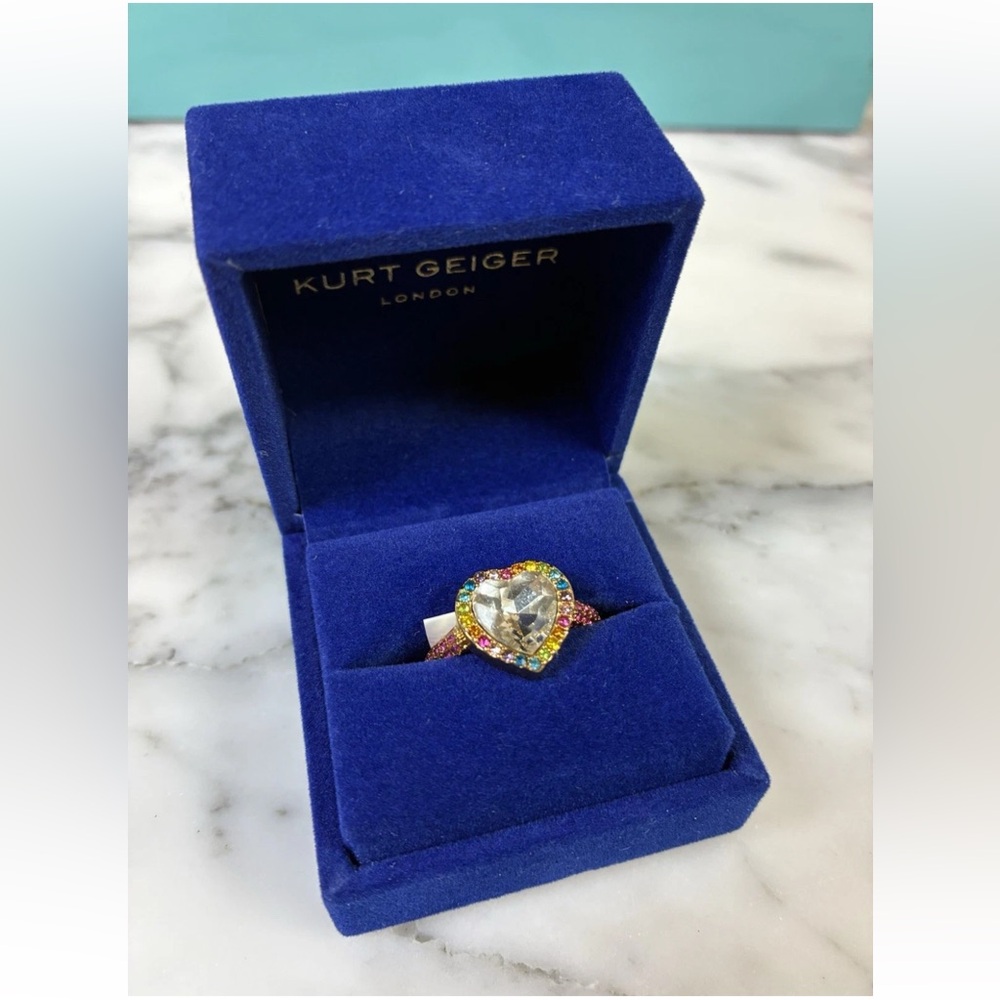 Brand New Kurt Geiger London Gold Plated Heart Rainbow Pave Crystals Size 7 Ring